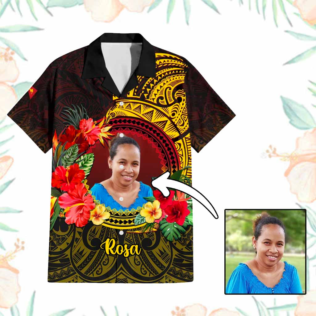 Custom Photo Papua New Guinea Hawaiian Shirt Coat Of Arms Tropical Flowers Polynesian Pattern CTM05