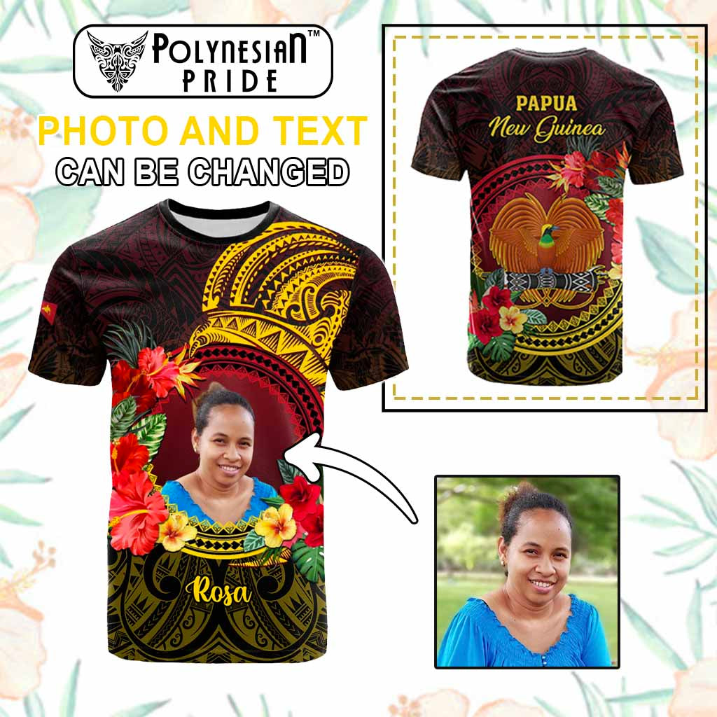 Custom Photo Papua New Guinea T Shirt Coat Of Arms Tropical Flowers Polynesian Pattern CTM05