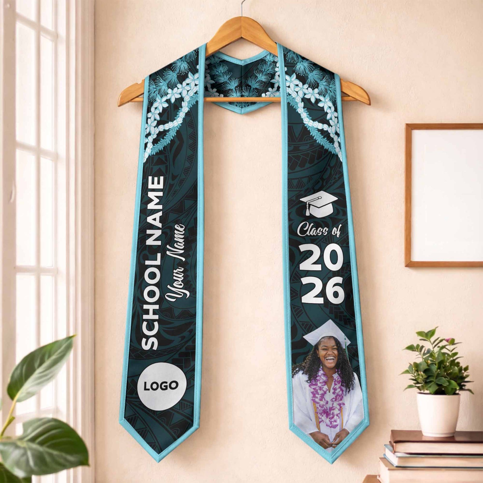 Custom Photo Hawaii Grad Name And Year Graduation Stole Polynesian Pattern With Leis
