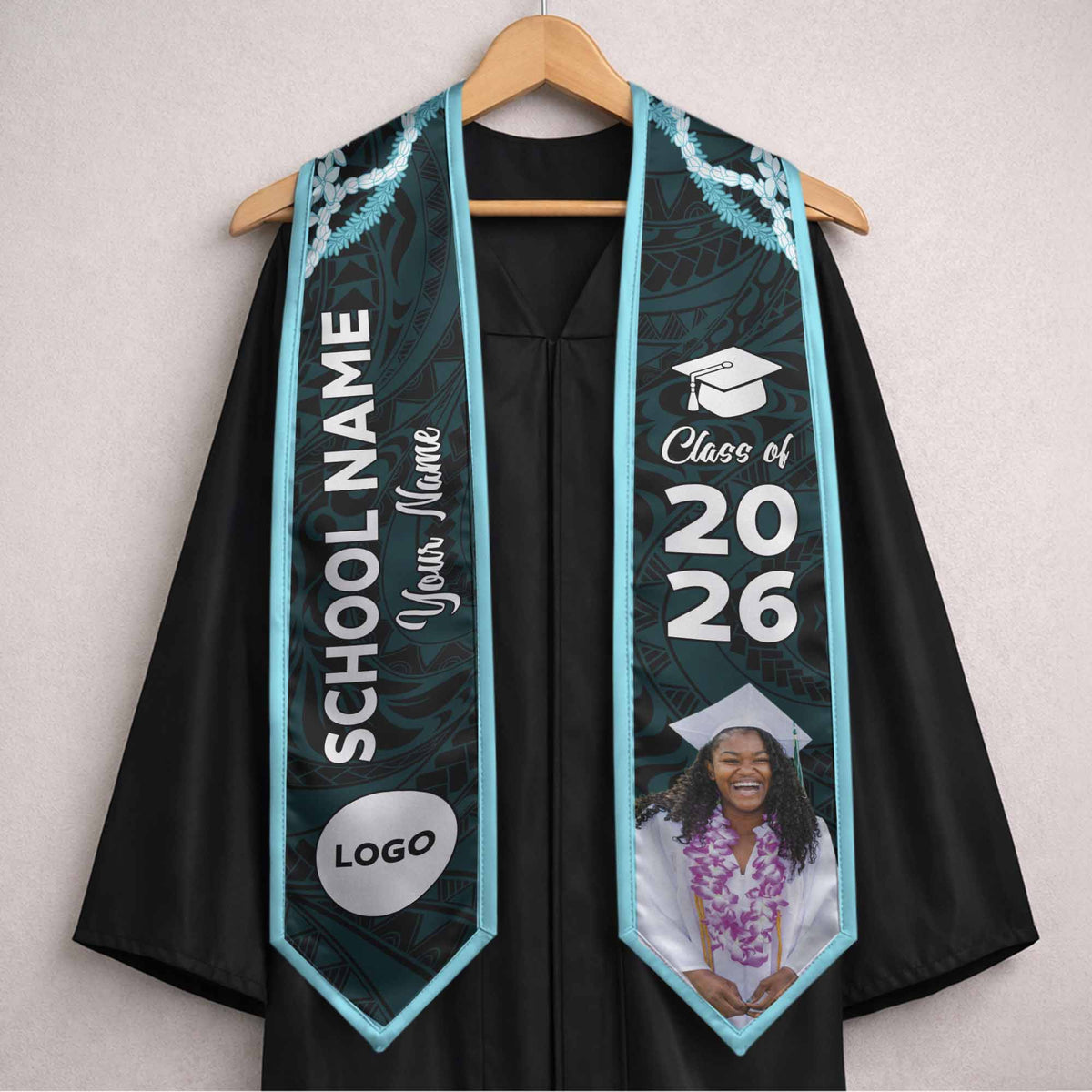 Custom Photo Hawaii Grad Name And Year Graduation Stole Polynesian Pattern With Leis CTM05 - Polynesian Pride