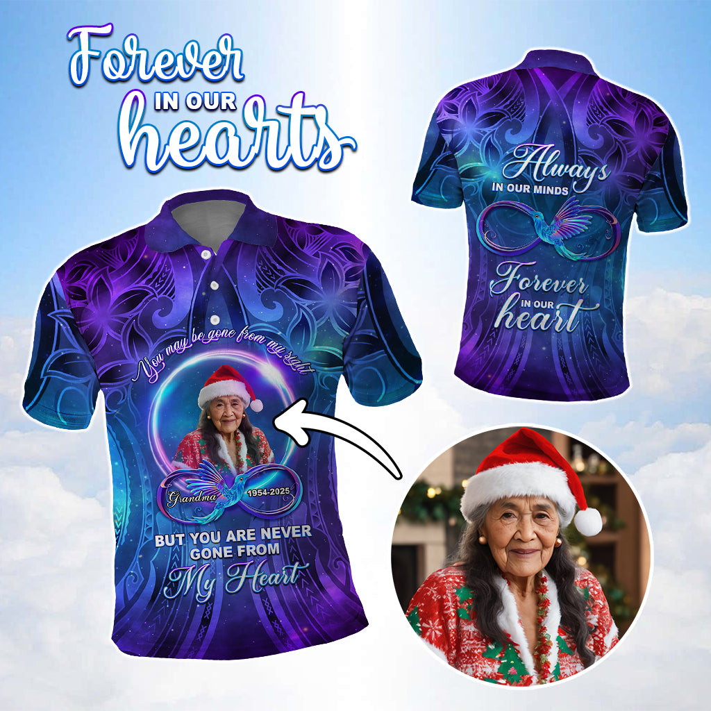 Custom Photo Memorial Polo Shirt You Are Never Gone From My Heart Polynesian Tribal Pattern