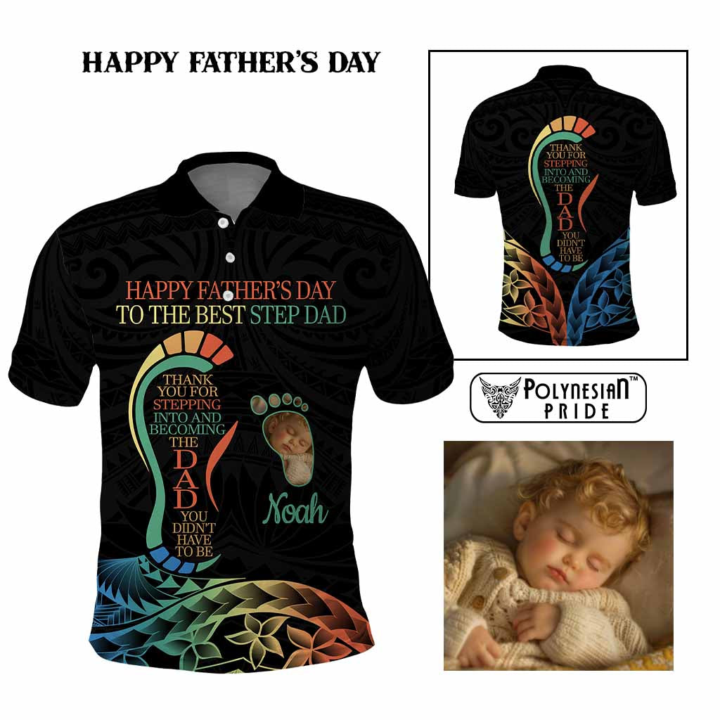 Custom Happy Father's Day - The Best Step Dad Polo Shirt Polynesian Tribal Tatoo