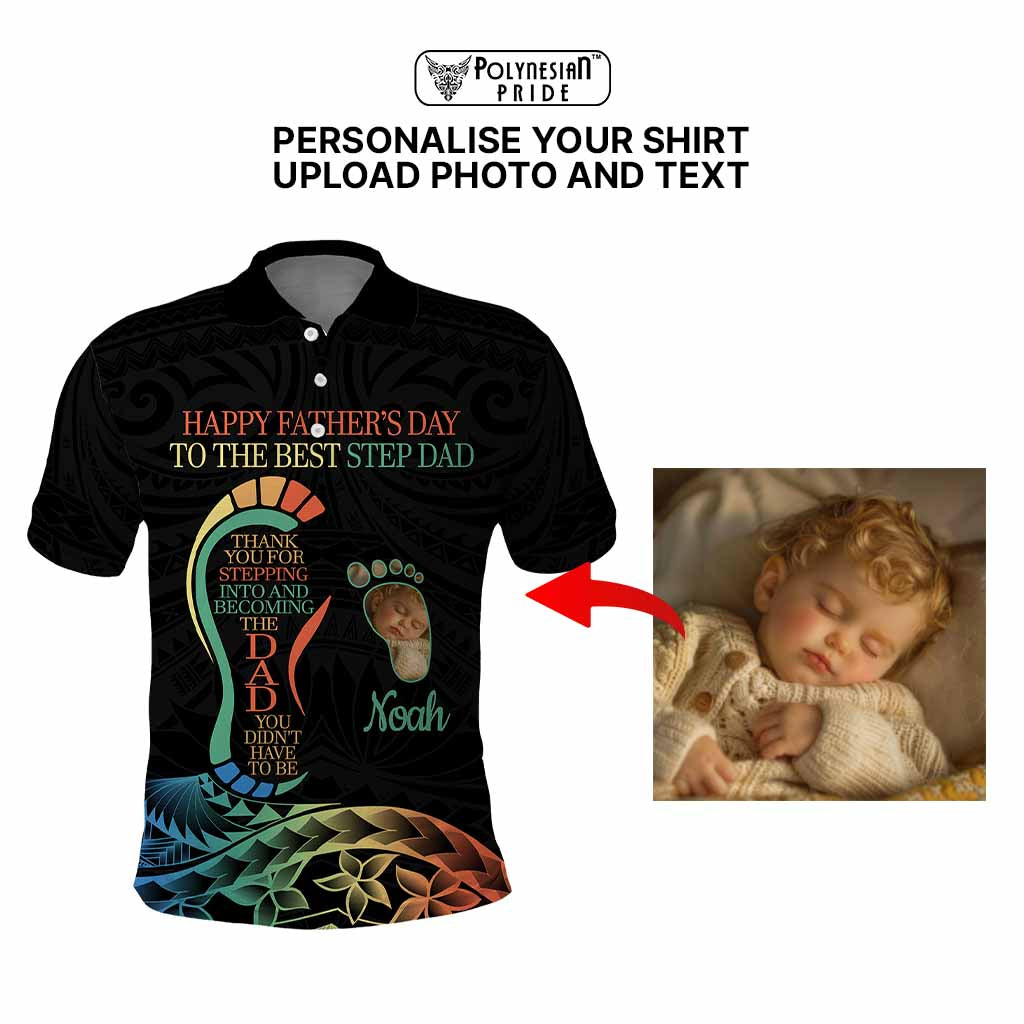 Custom Happy Father's Day - The Best Step Dad Polo Shirt Polynesian Tribal Tatoo