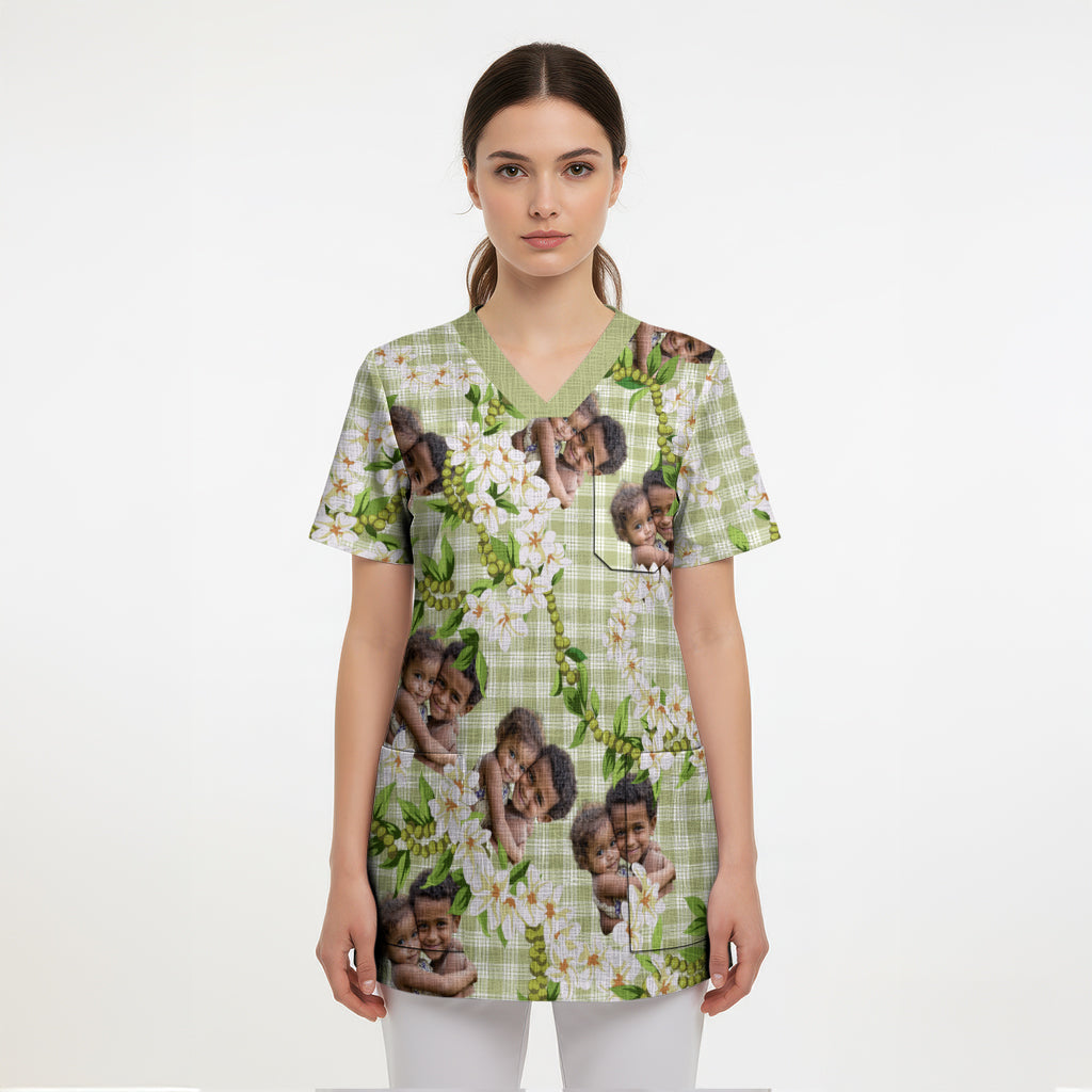 Custom Photo Hawaiian Palaka Scrub Top Mokihana Maile Ilima Leis