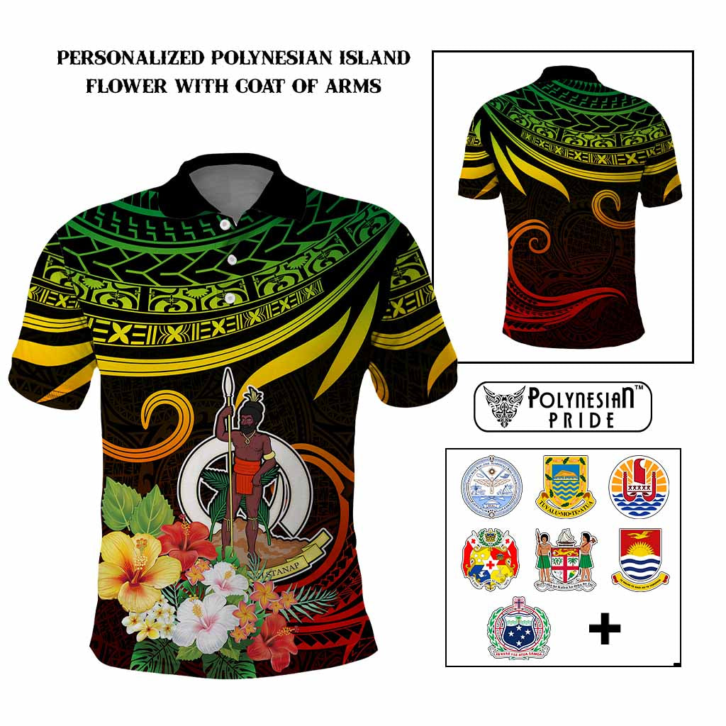 Personalized Photo Polynesian Polo Shirt Flower With Coat Of Arms