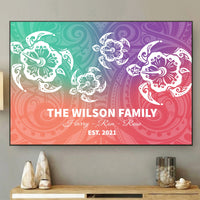 Custom Polynesian Turtle Family Retro Canvas Wall Art Together Forever Hibiscus Flower