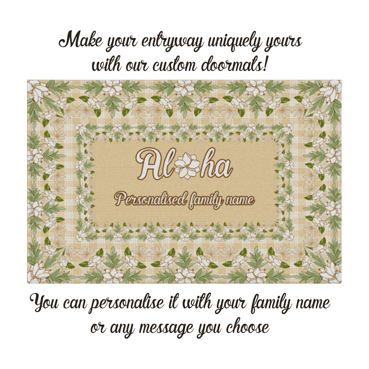 Custom Aloha Welcome Rubber Doormat with Family Name Squares Maile Leaf Palaka Hawaiian Pattern