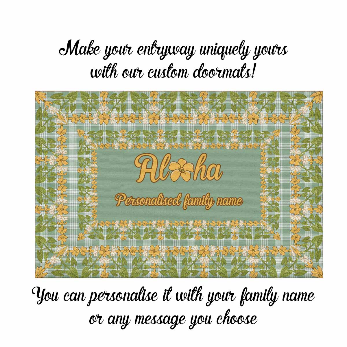 Custom Aloha Welcome Rubber Doormat with Family Name Squares Puakenikeni Kalo Palaka Pattern
