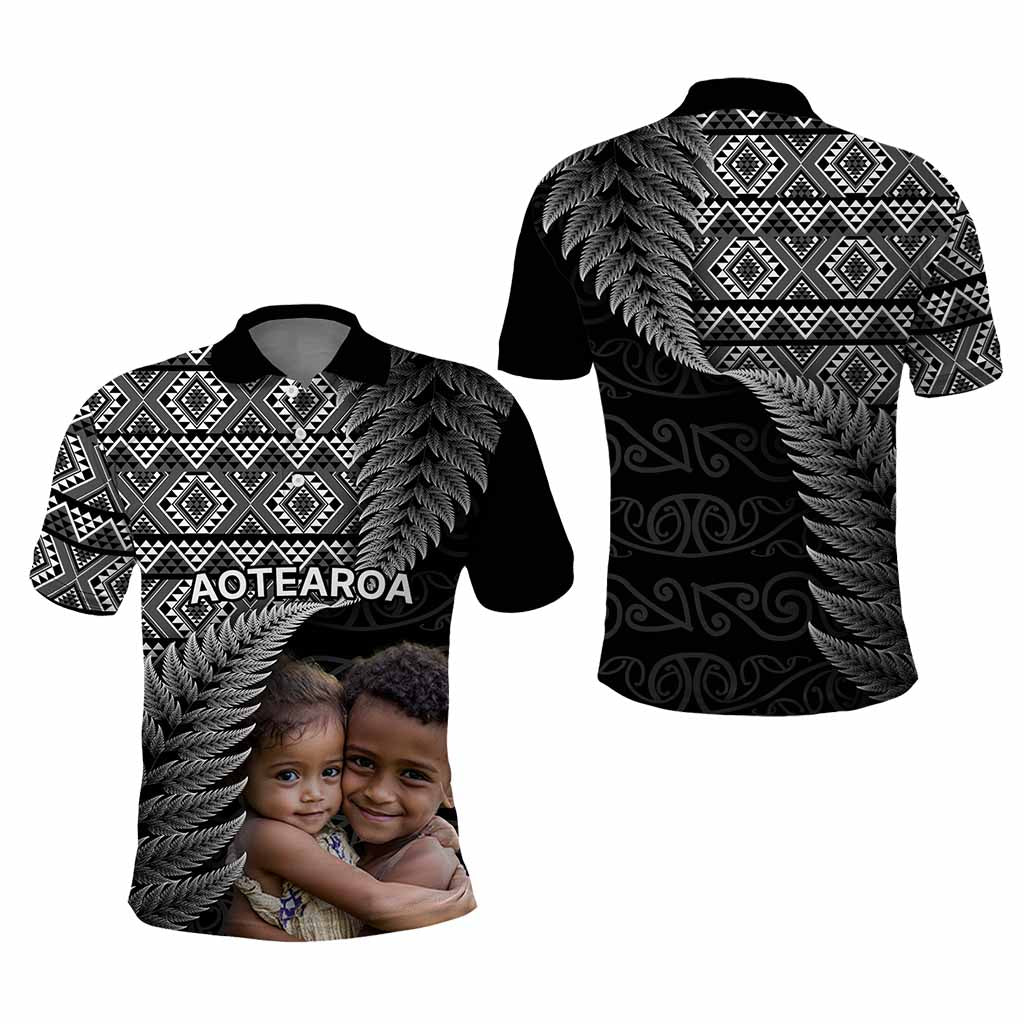 Custom Upload Image Aotearoa Silver Fern Polo Shirt Black Taniko Motif