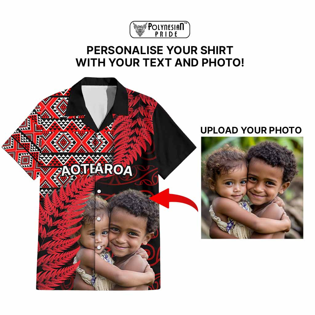 Custom Upload Image Aotearoa Silver Fern Hawaiian Shirt Red Taniko Motif
