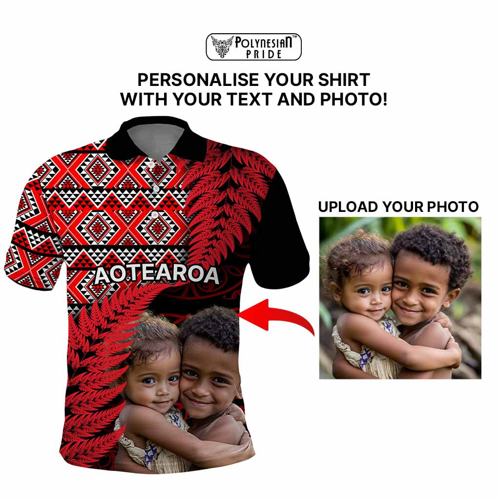 Custom Upload Image Aotearoa Silver Fern Polo Shirt Red Taniko Motif