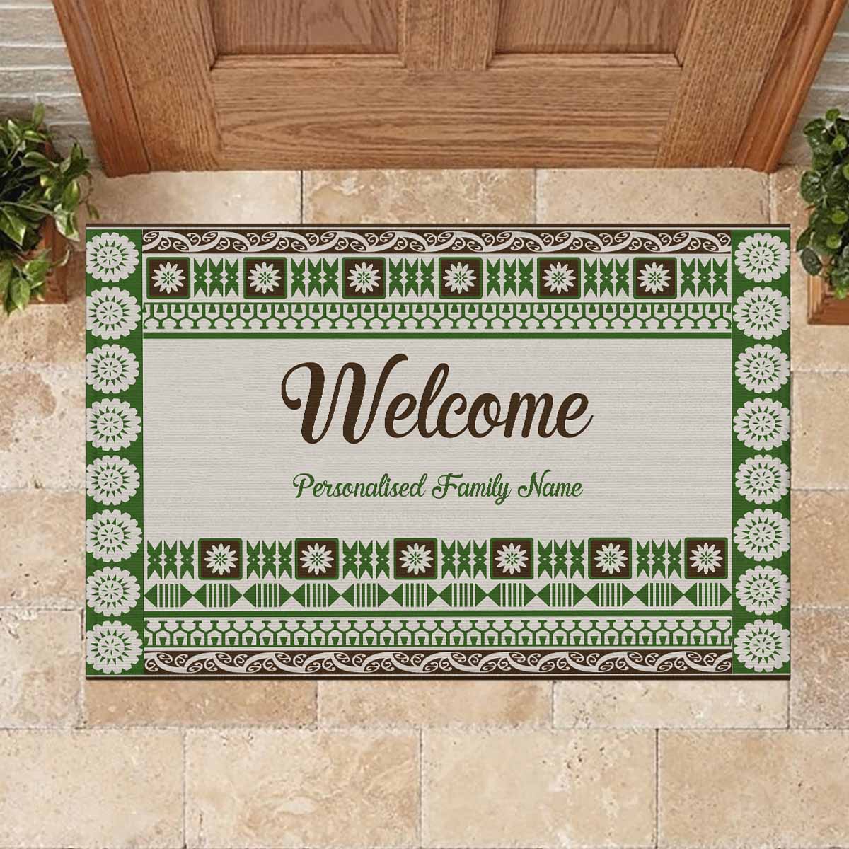 Custom Bula Fiji Family Name Rubber Doormat Green Fijian Tribal Tapa Pattern