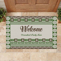 Custom Bula Fiji Family Name Rubber Doormat Green Fijian Tribal Tapa Pattern