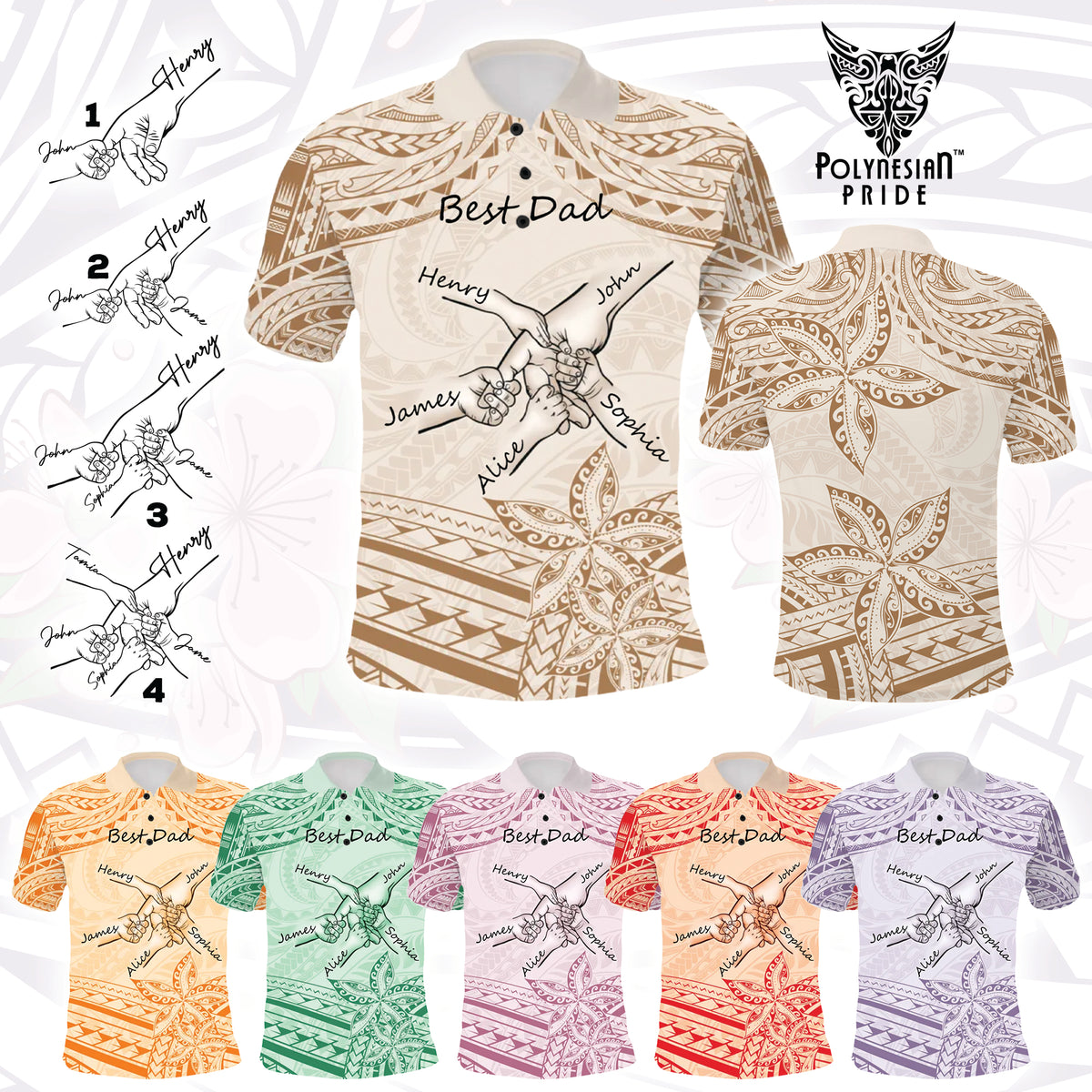 Custom Father's Day Fist Bump Dad and Baby Hands Holding Polo Shirt - Plumeria Floral Tribal Tattoo Unique