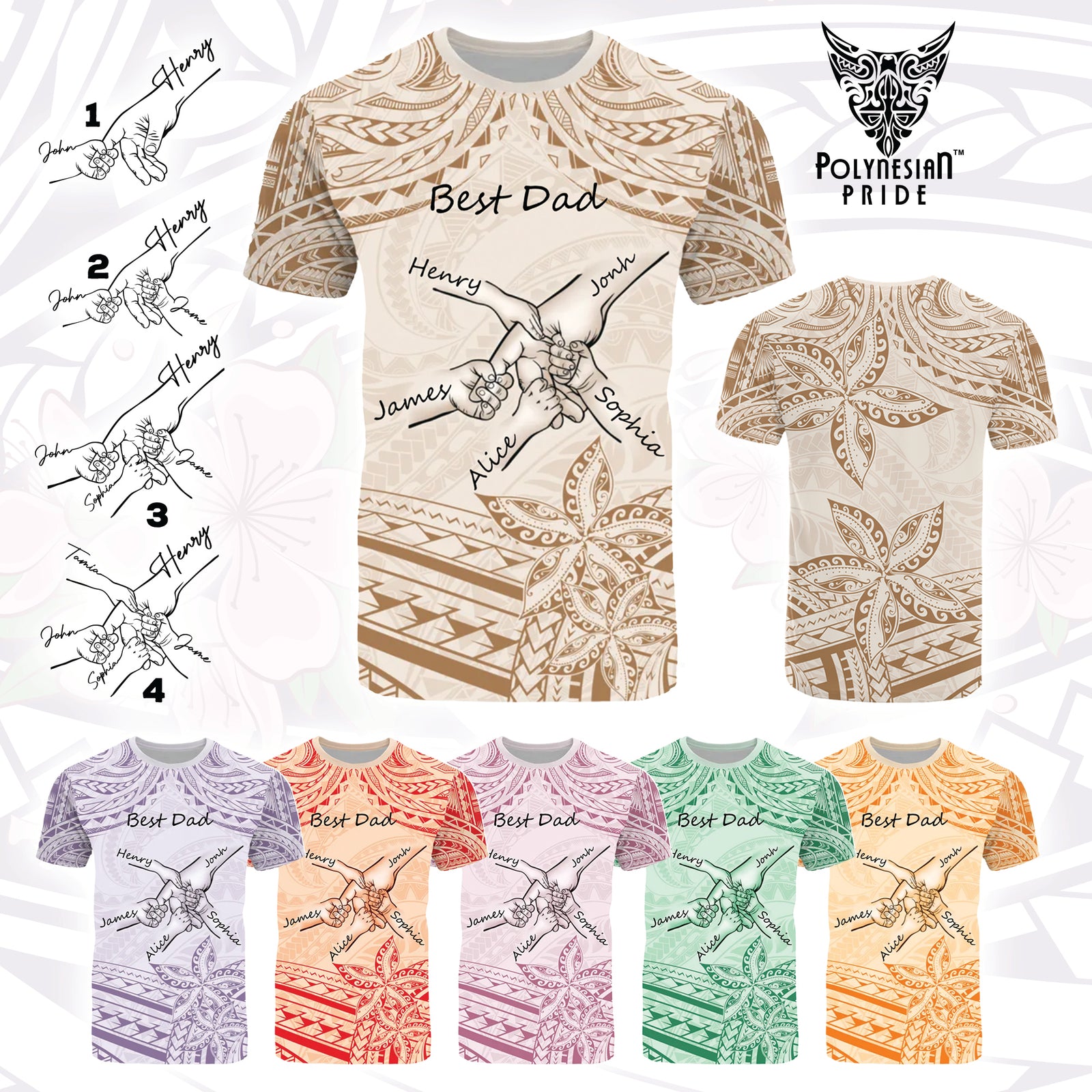 Custom Father's Day Fist Bump Dad and Baby Hands Holding T Shirt - Plumeria Floral Tribal Tattoo Unique