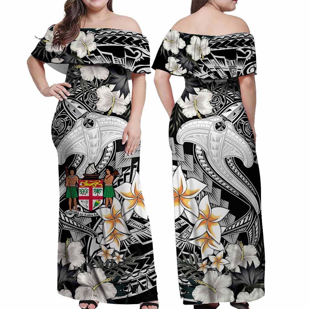 Custom Hawaii Tropical Off Shoulder Maxi Dress Hammerhead Shark and Coat of Arm Polynesian Island