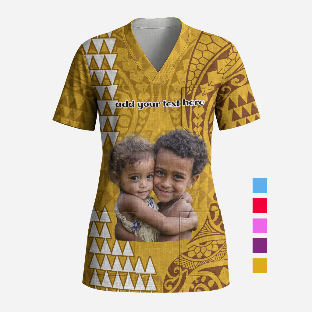 Custom Photo Hawaii Scrub Top Kakau Mixed Polynesian Tribal