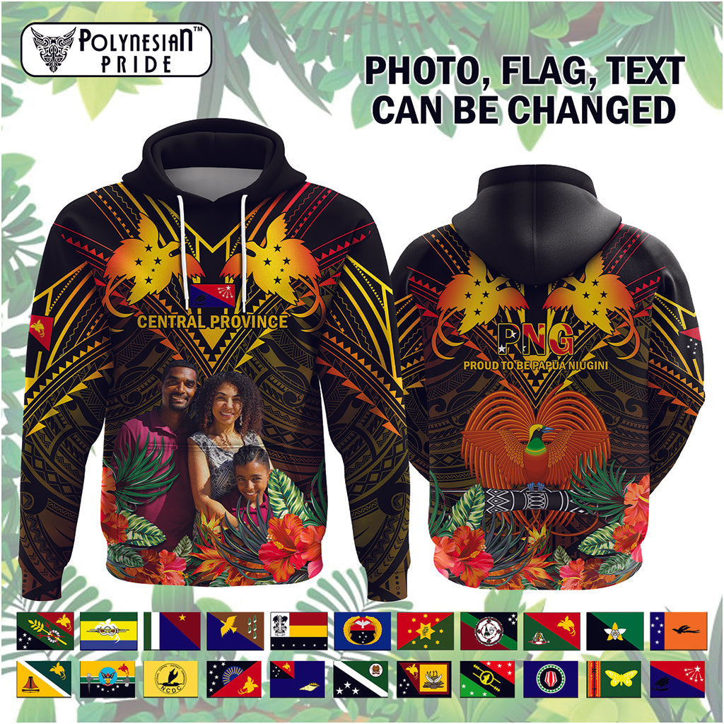 Custom Photo Papua New Guinea Provinces Hoodie Flag With Polynesian Tropical Flowers - Polynesian Pride
