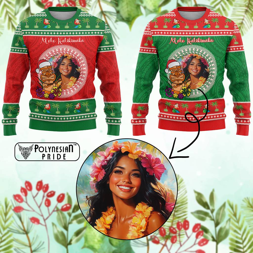 Custom Photo Aloha Hawaii Christmas Knitted Sweatshirt Tiki Santa Mele Kalikimaka