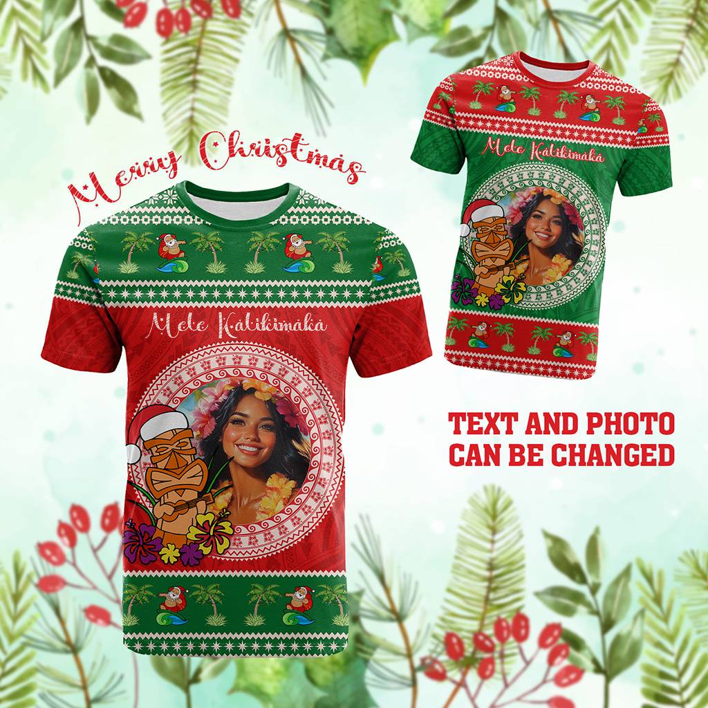 Custom Photo Aloha Hawaii Christmas T Shirt Tiki Santa Mele Kalikimaka