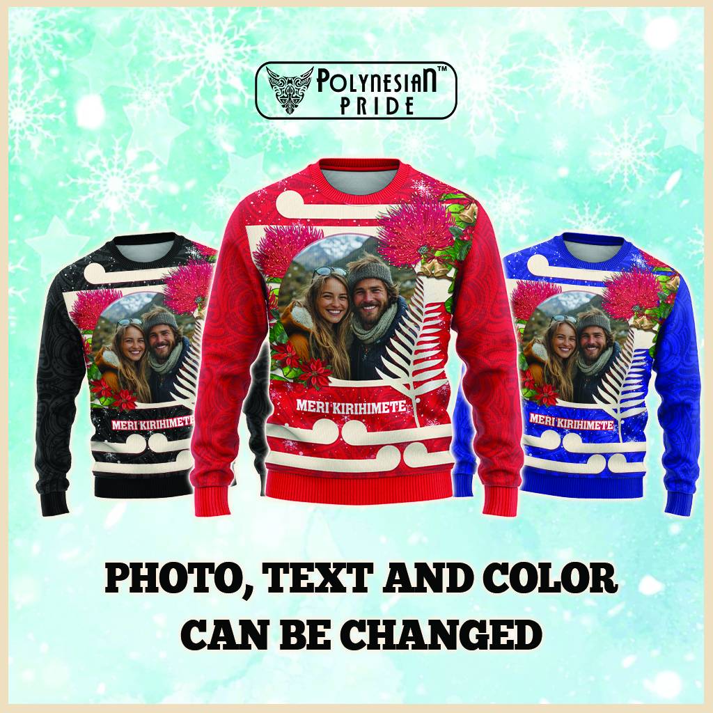 Custom Photo Kia Ora New Zealand Knitted Sweatshirt Pohotukawa Kiwi Santa Meri Kirihimete