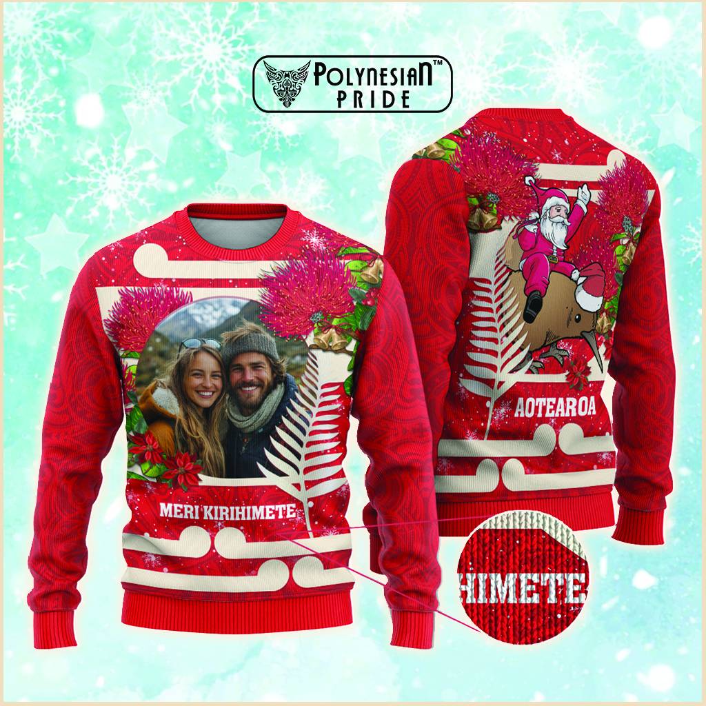 Custom Photo Kia Ora New Zealand Knitted Sweatshirt Pohotukawa Kiwi Santa Meri Kirihimete