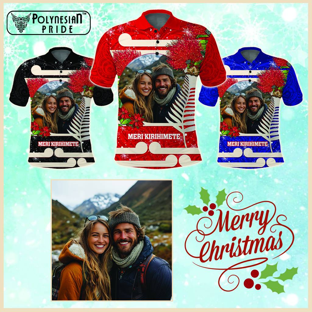 Custom Photo Kia Ora New Zealand Polo Shirt Pohutukawa Kiwi Santa Meri Kirihimete