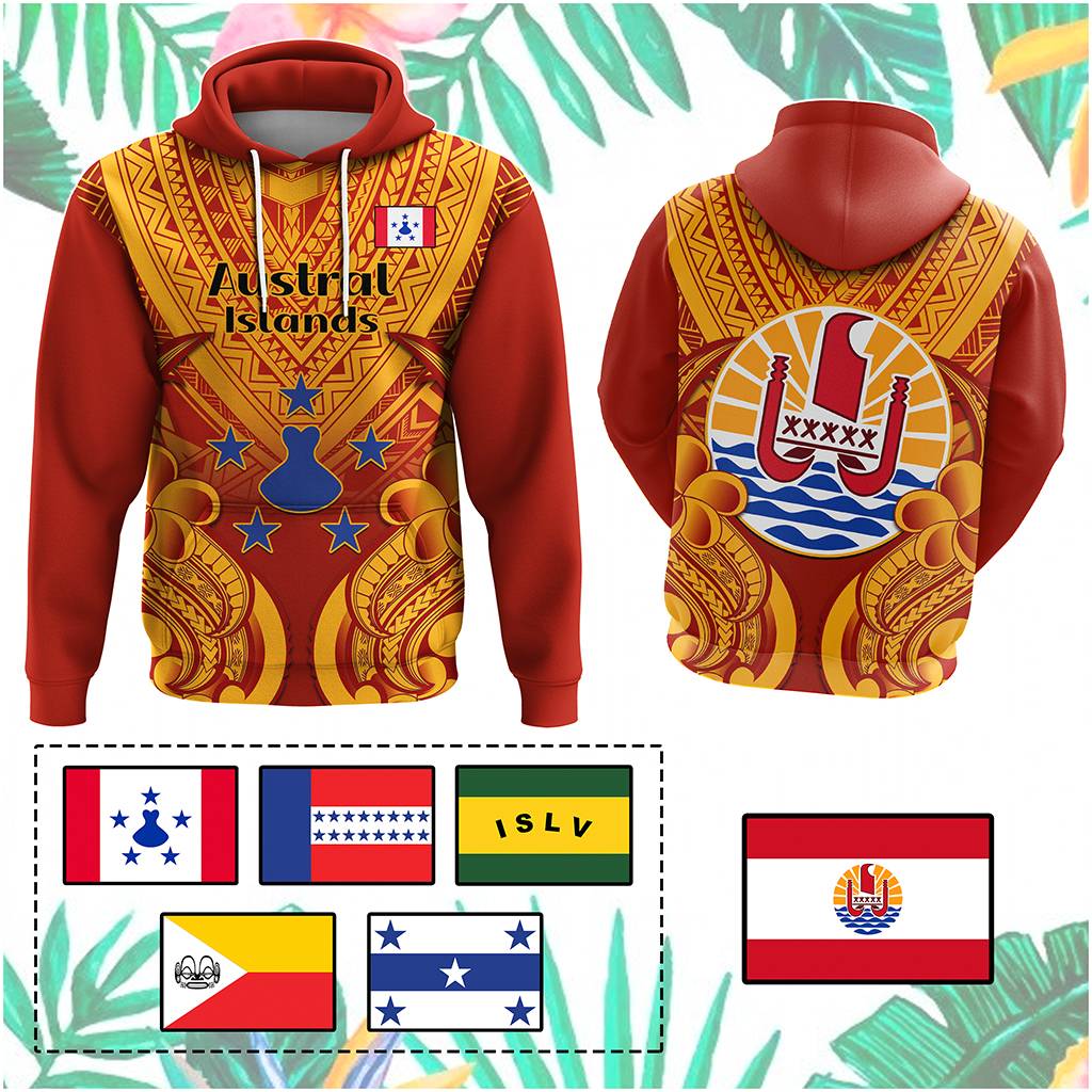 Custom French Polynesia Hoodie Five Groups Of Islands Flag Plumeria Polynesian Tribal