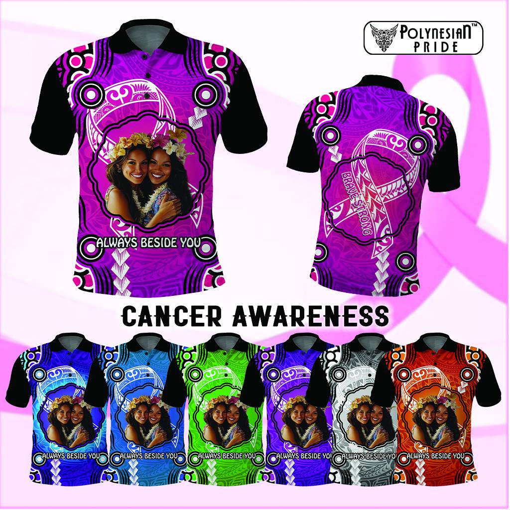 Custom Photo Cancer Awareness Polo Shirt Brave Strong Aboriginal With Polynesian Pattern