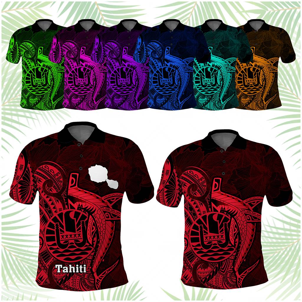 Custom French Polynesia Polo Shirt Map Of Islands Flag Hibiscus With Polynesian Shark Tattoo