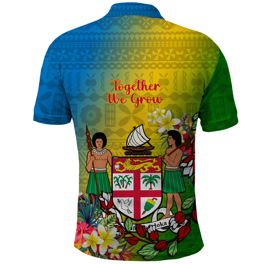 Custom Photo Malampa Fiji Day Polo Shirt Together We Grow Coat Of Arms Tropical Flowers - Polynesian Pride