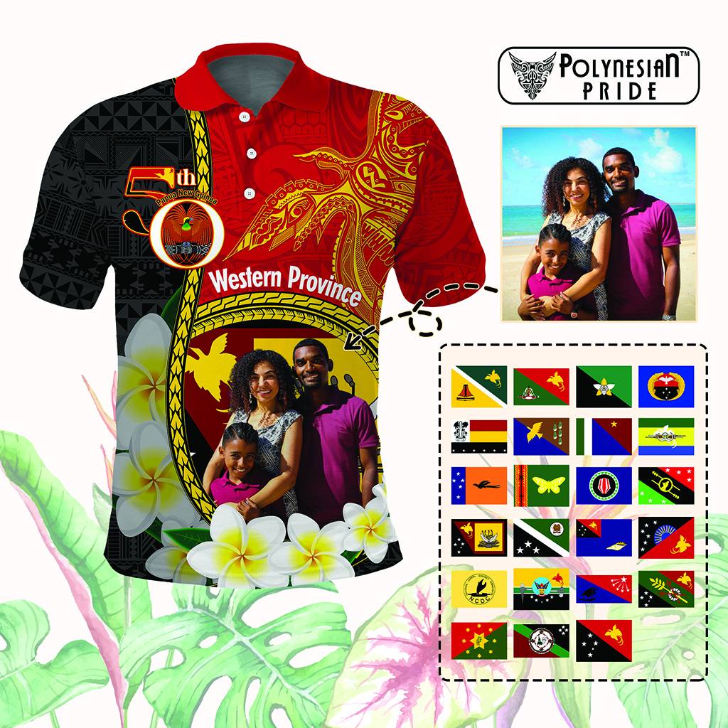 Custom Photo Papua New Guinea Provinces Polo Shirt Flag With Polynesian Tropical Flowers