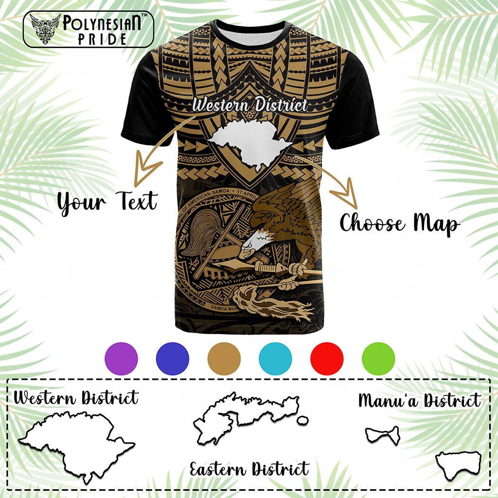 Custom American Samoa T Shirt Coat Of Arms With Districts Map Polynesian Pattern