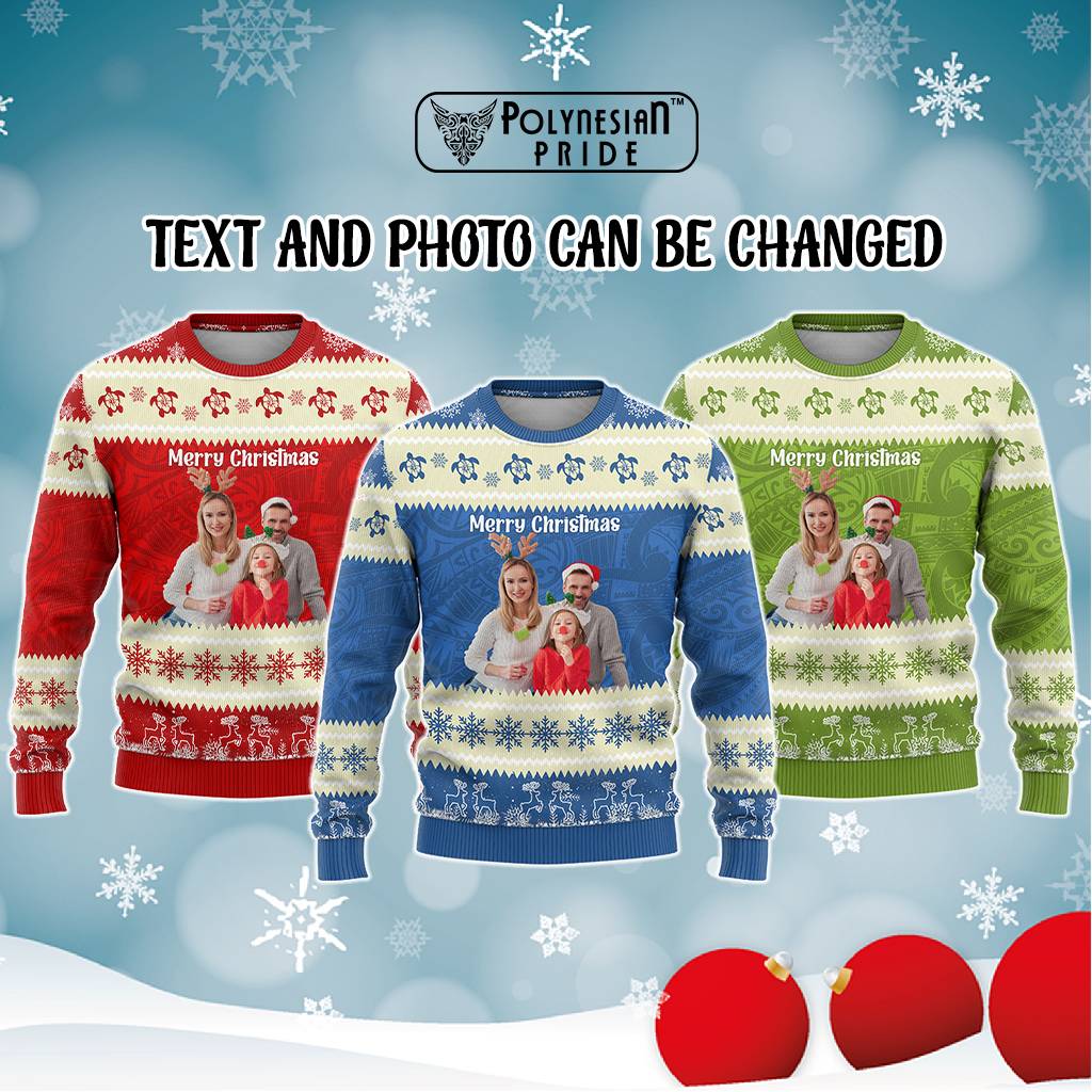 Custom Photo Polynesia Knitted Sweatshirt Xmas Vibes Polynesian Pattern