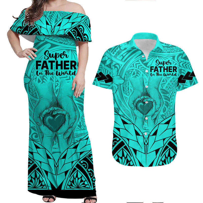 Polynesian Father's Day Gift For Dad Matching Dress and Hawaiian Shirt Super Father In The World Turquoise Polynesian Pattern LT9 Turqouise - Polynesian Pride