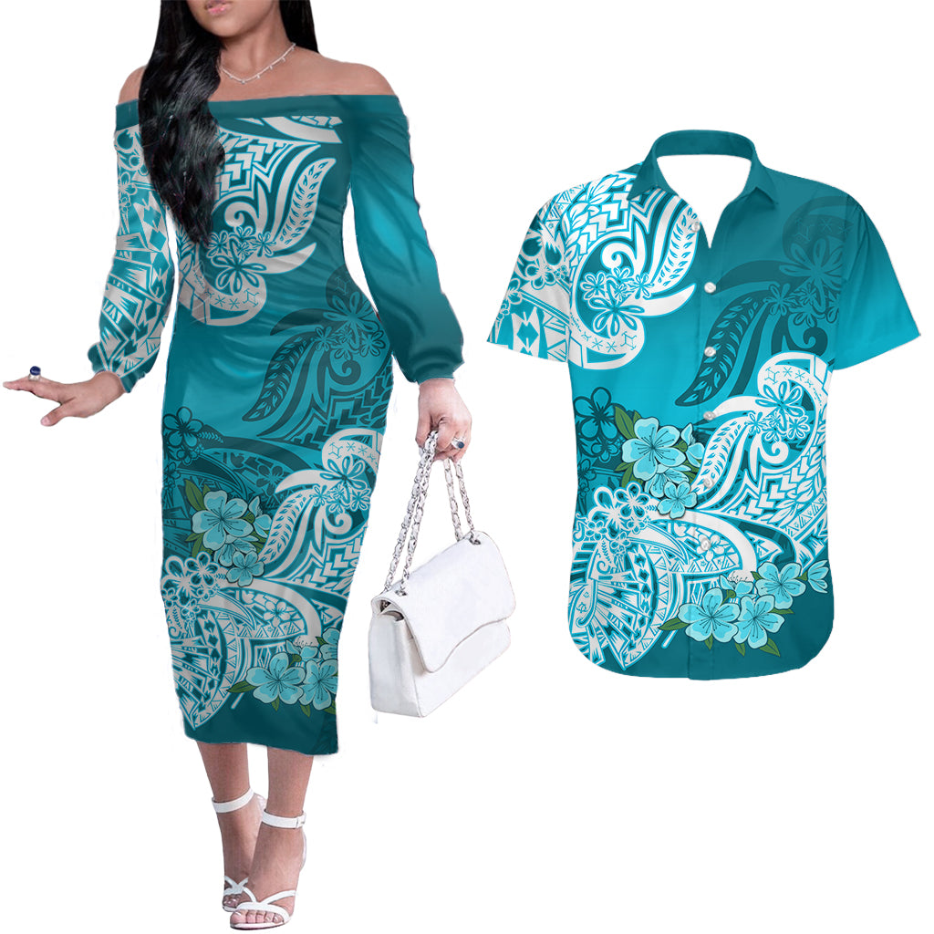 Polynesian Matching Couples Outfit Floral Tribal Combo Long Sleeve Dress And Hawaiian Shirt Teal LT9 Brown - Polynesian Pride