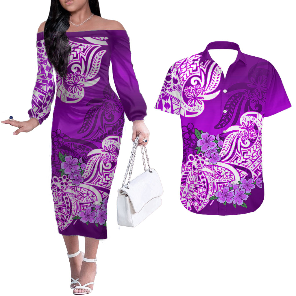 Polynesian Matching Couples Outfit Floral Tribal Combo Long Sleeve Dress And Hawaiian Shirt Purple LT9 Brown - Polynesian Pride