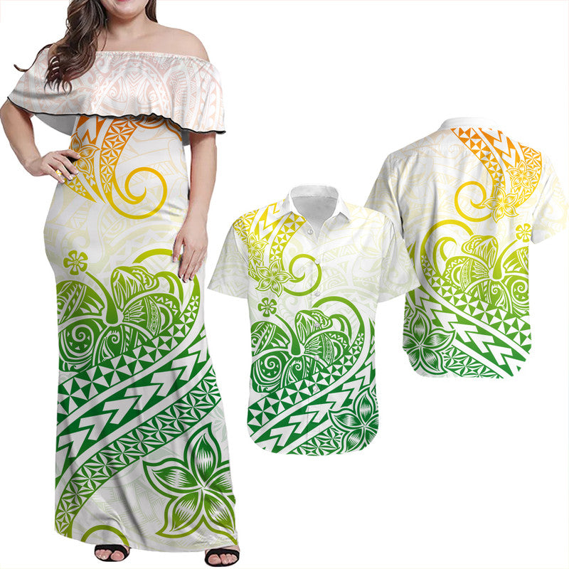 Hawaii Polynesian Tribal Tattoo Retro Couple Off Long Dress and Hawaiian Shirt Gradient 02 Screen Color LT9 Gradient - Polynesian Pride