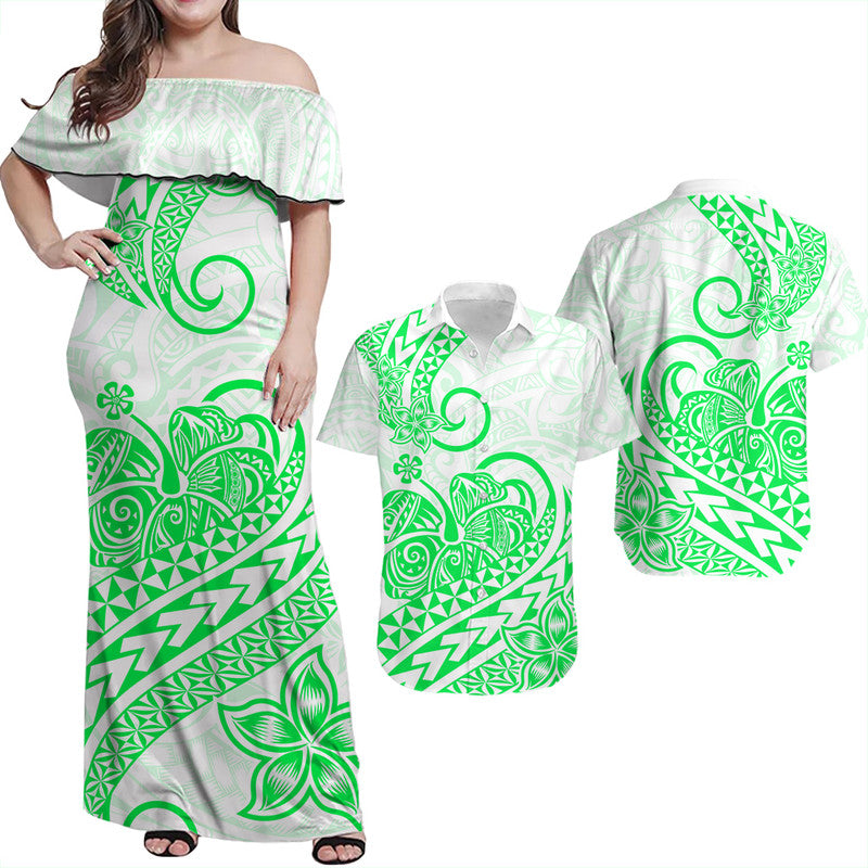 Hawaii Polynesian Tribal Tattoo Retro Couple Off Long Dress and Hawaiian Shirt Green Screen Color LT9 Green - Polynesian Pride