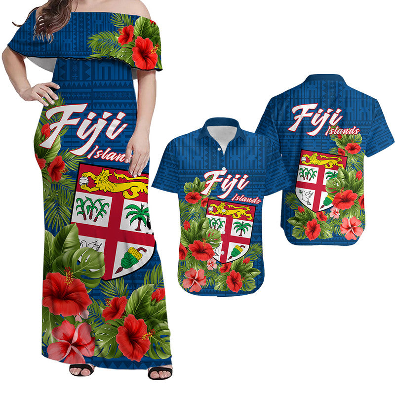 Fiji Islands Matching Hawaiian Shirt and Dress Tropical Flowers and Tapa Pattern LT9 Blue - Polynesian Pride