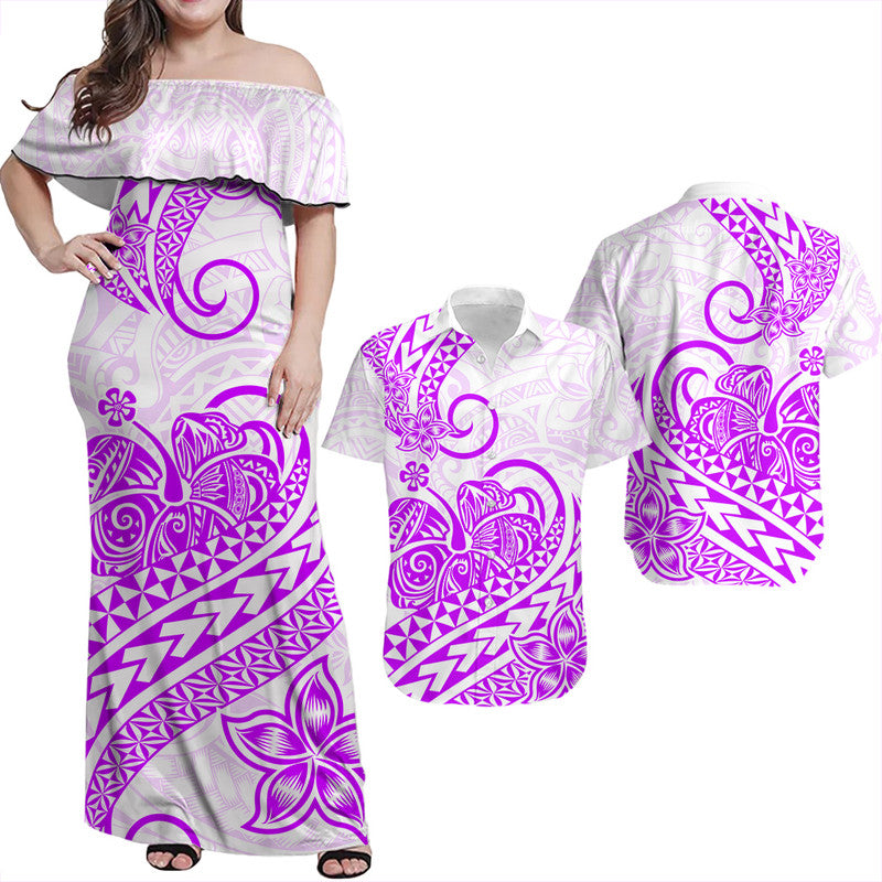 Polynesian Tribal Tattoo Retro Couple Off Long Dress and Hawaiian Shirt Purple Screen Color LT9 Purple - Polynesian Pride