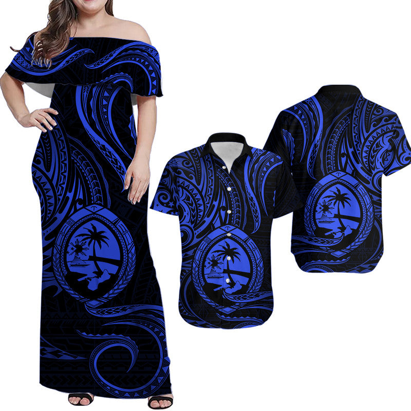 Polynesian Matching Dress and Hawaiian Shirt Guam Coat of Arms with Polynesian Tribal Tattoo Blue Version LT9 Blue - Polynesian Pride