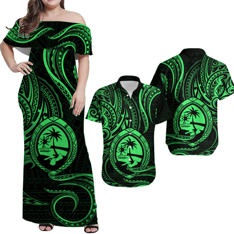 Polynesian Matching Dress and Hawaiian Shirt Guam Coat of Arms with Polynesian Tribal Tattoo Version LT9 Green - Polynesian Pride