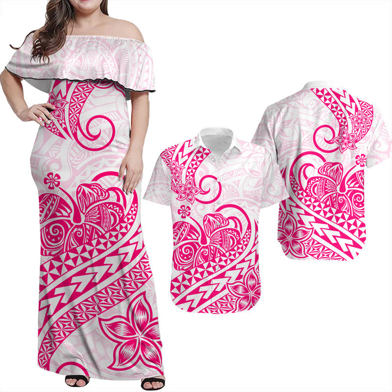 Polynesian Tribal Tattoo Retro Couple Off Long Dress and Hawaiian Shirt Pink Screen Color LT9 Pink - Polynesian Pride