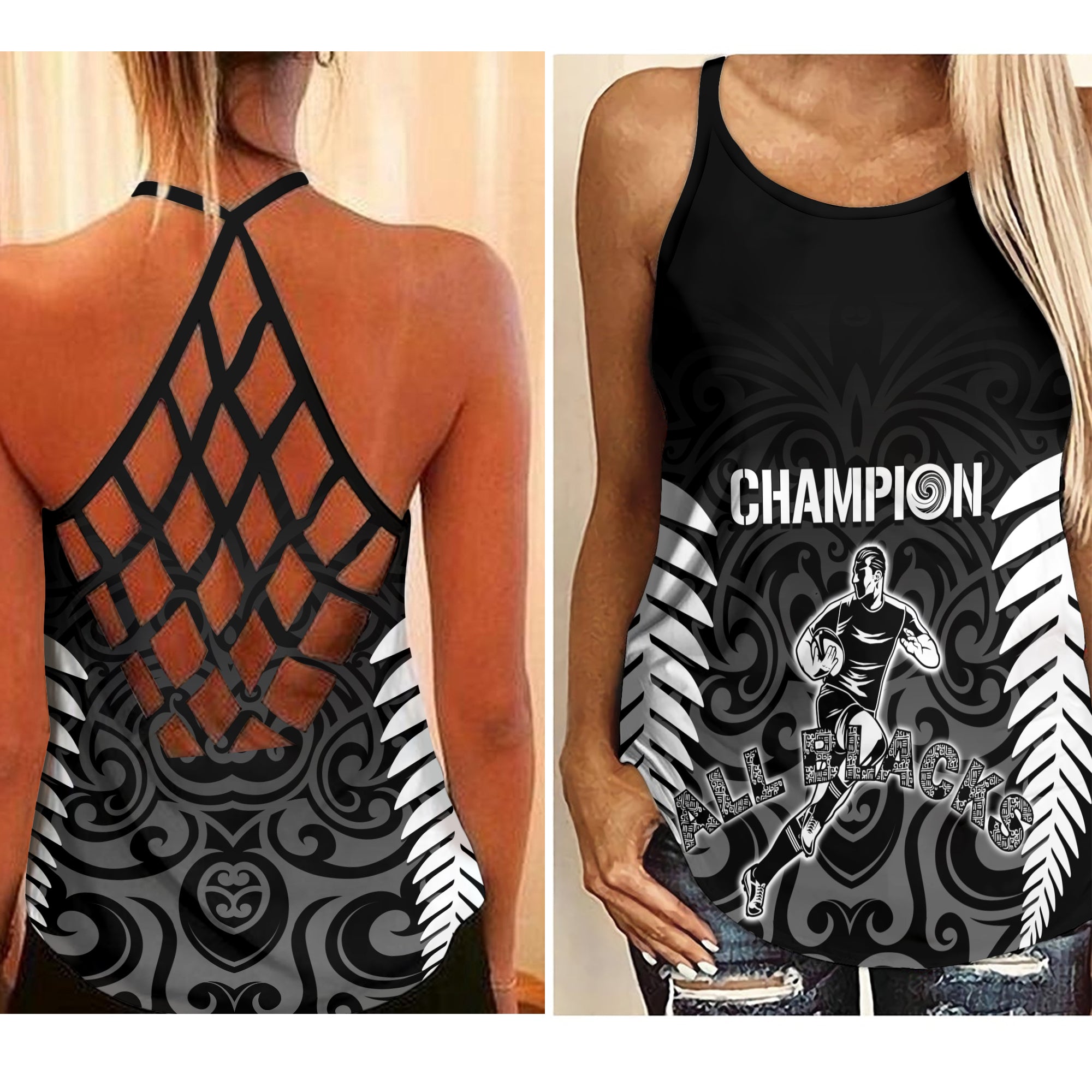 New Zealand Criss Cross Tank Top All Black Champion LT7 Female Black - Polynesian Pride