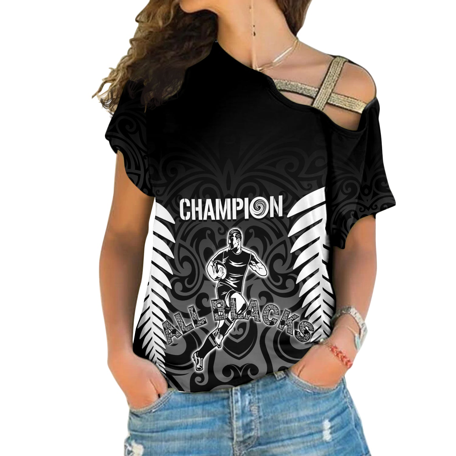 Personalised New Zealand Cross Shoulder Shirt All Black Champion LT7 Female Black - Polynesian Pride