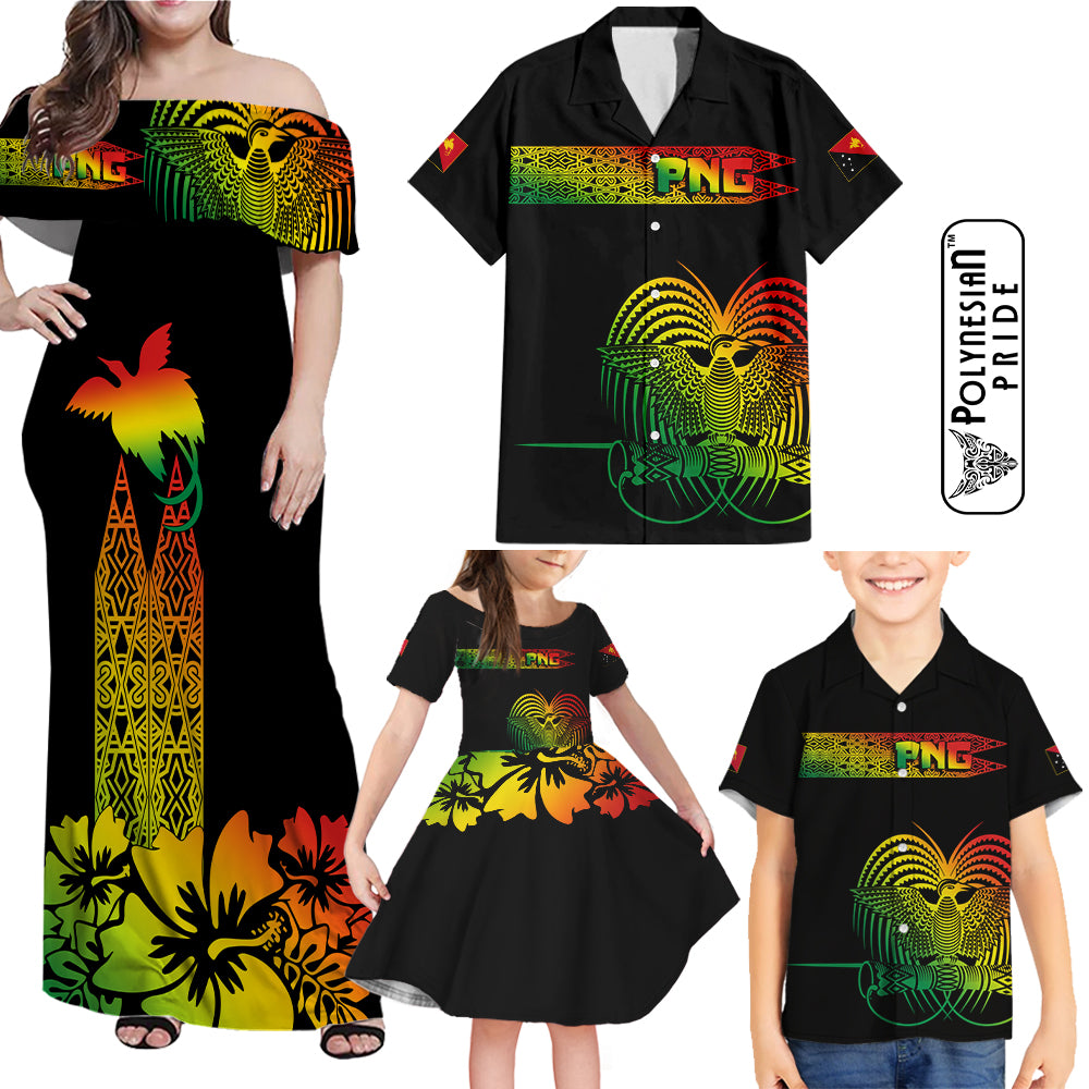 PNG Hibiscus Tribal Pattern Family Matching Outfits Polynesian Pride Off Shoulder Maxi Dress And Shirt Family Set Clothes Motuan Reggae Color LT7 Reggae - Polynesian Pride