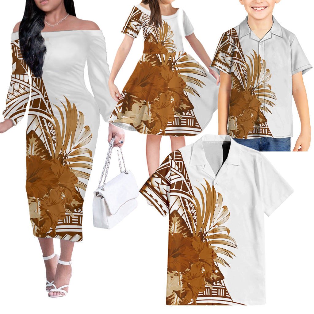 White Family Matching Outfits Hawaii Flowers Off Shoulder Long Sleeve Dress And Shirt Family Set Clothes Brown Color