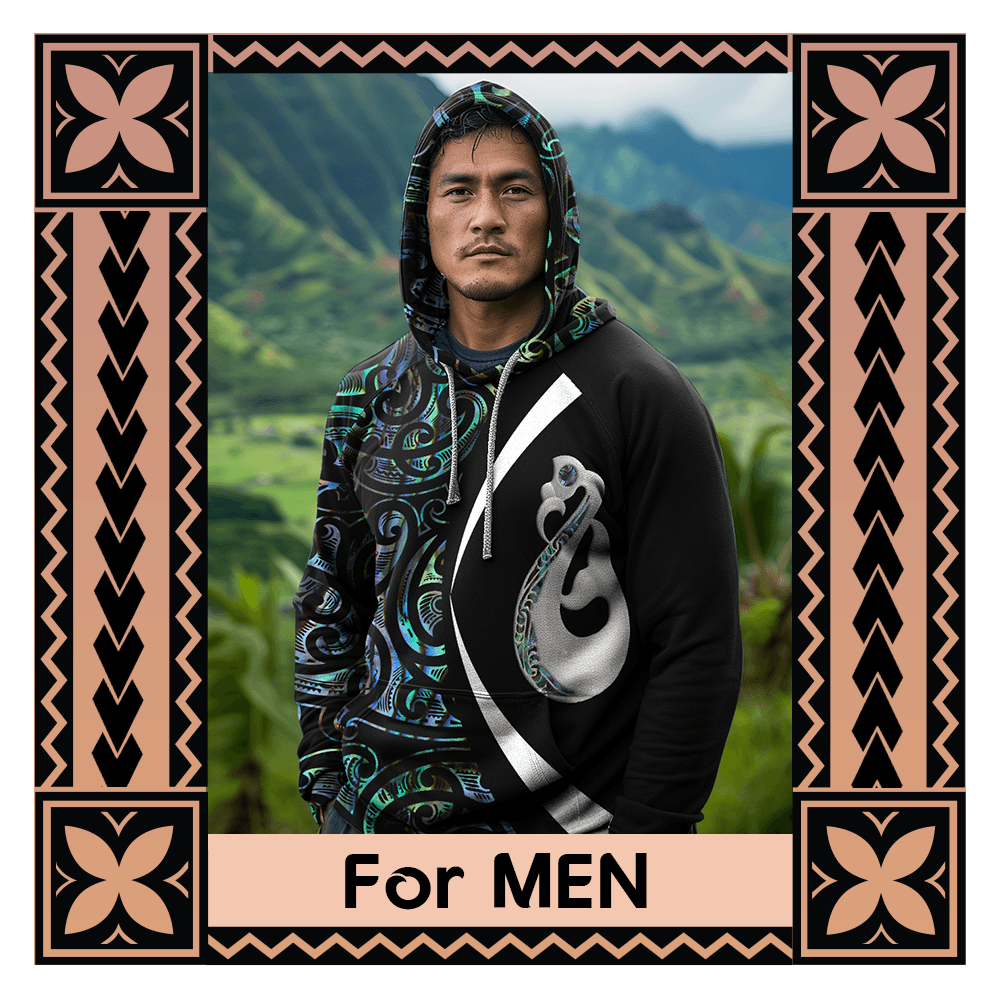 Man wearing a hoodie with a mountainous background and decorative border.