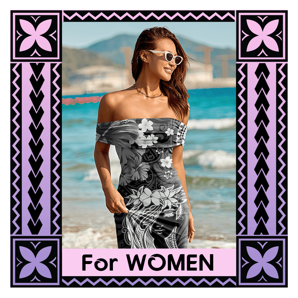 Woman in a floral dress on a beach with decorative border and text 'For Women'.